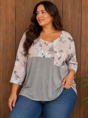 Acting Pro Floral Colorblock Scoop Neck Top - Blush & Gray XL